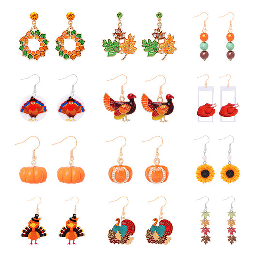 New Thanksgiving Earrings for Women Creative Alloy Drop Oil Pumpkin Maple Leaf Turkey Earrings