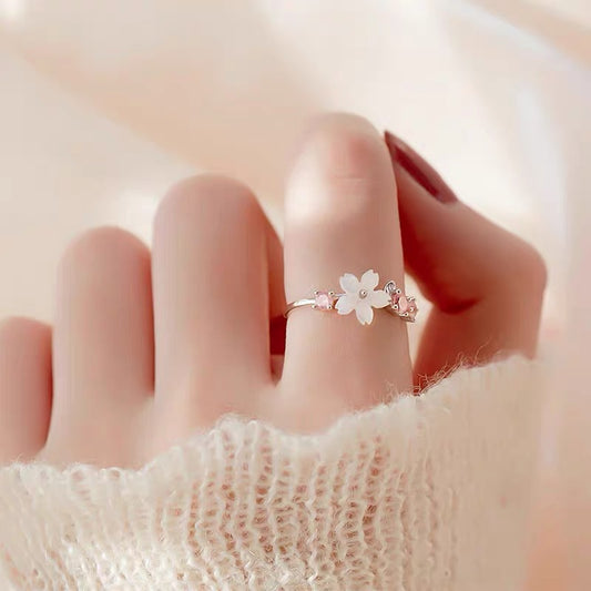 Small fresh Mori shell Cherry blossom ring female S925 sterling silver sweet girl sense inlaid zircon open ring